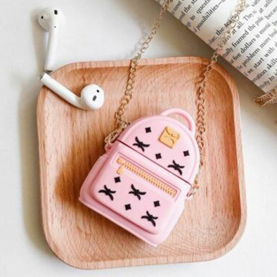Cute Design Cartoon Silicone Cover Skin for Airpod (1 / 2) Charging Case with Chain (BACKPACK Pink)